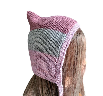 Knitted Pixie Bonnet, Grey & Pink Stripe, Adult Teen Size