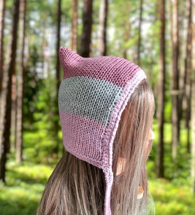 Knitted Pixie Bonnet, Grey & Pink Stripe, Adult Teen Size