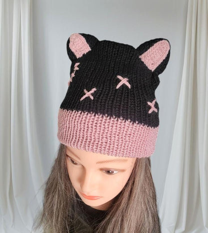 Knitted Cat Ears Beanie: Black & Pink Crochet Skull Design