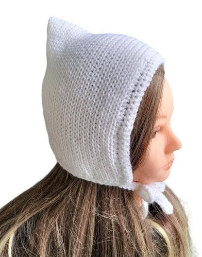 White Knitted Forest Bonnet Handmade Pixie Bow Tie Hat Adult Emo Goth Whimsy Elf Fairy Winter Gift HT19