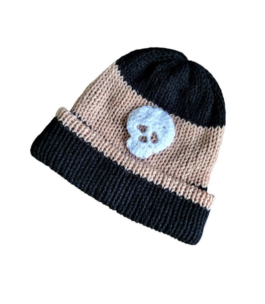 Black Beige Stripe Knitted Hat With White Crochet Skull Punk Emo Goth Winter Gift HT20
