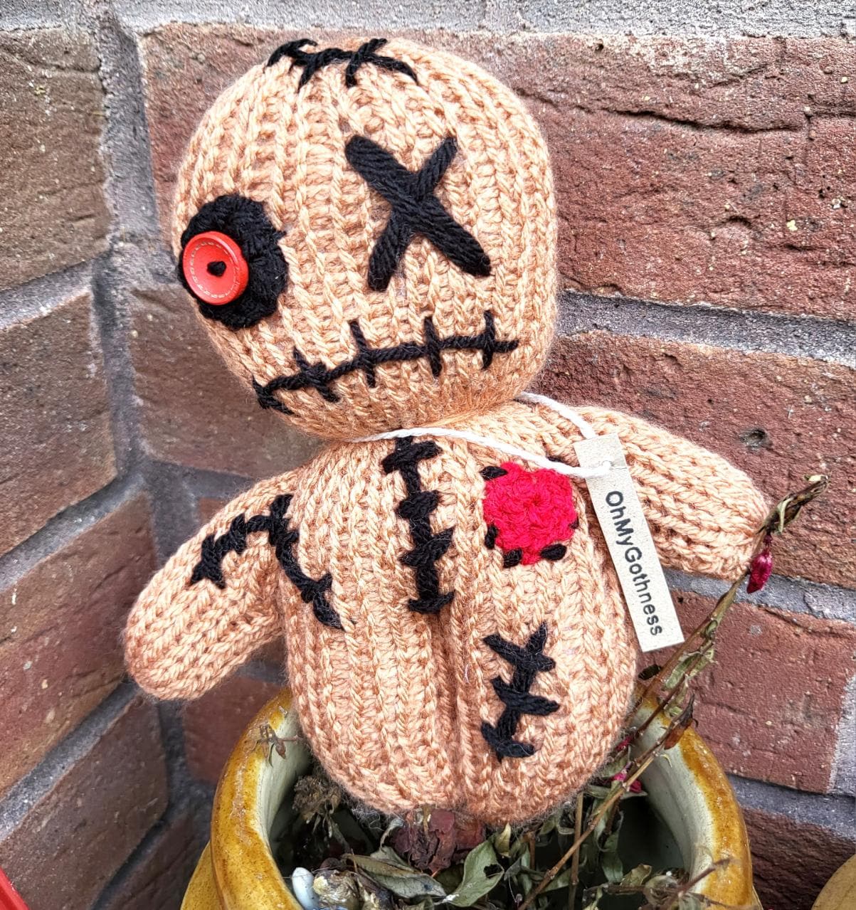 Handmade Gothic Voodoo Doll Knitted OOAK Cute Weird Fantasy Creepy Halloween Collectable Freaky Gift Spooky Decor Tan Black Red VO1