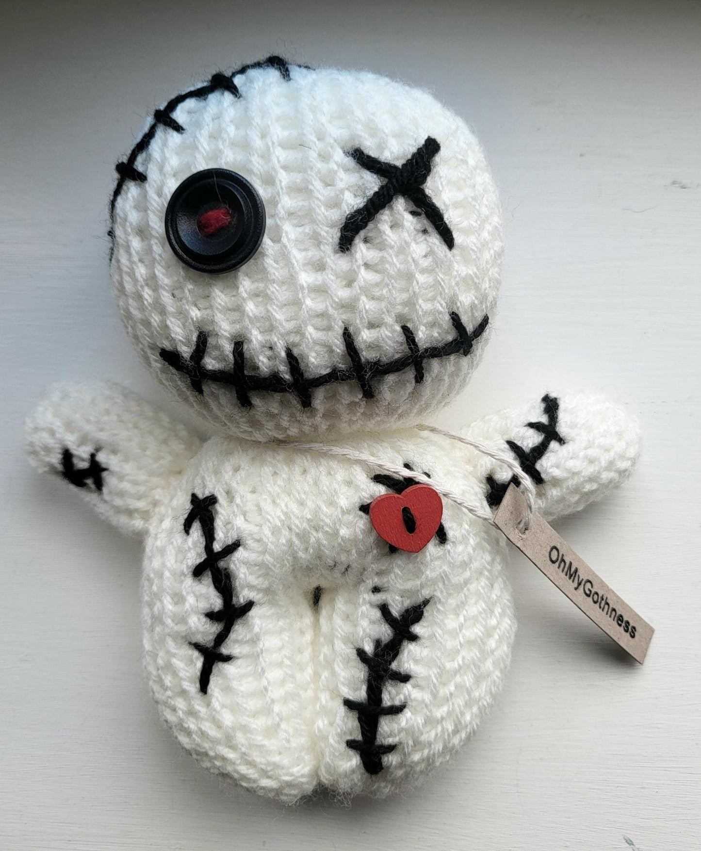Handmade Gothic Voodoo Doll Knitted OOAK Cute Weird Fantasy Creepy Halloween Collectable Freaky Gift Spooky Decor Cream Black Red VO2
