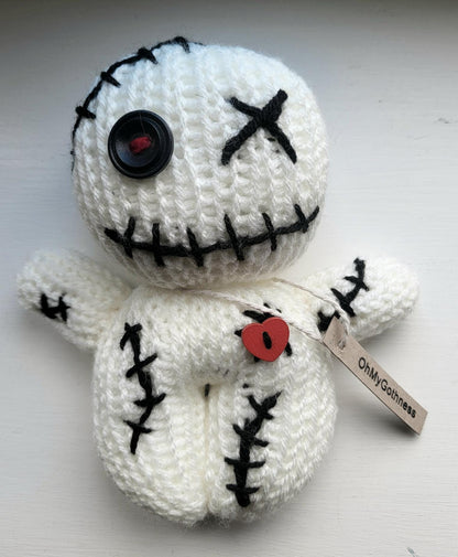 Handmade Gothic Voodoo Doll Knitted OOAK Cute Weird Fantasy Creepy Halloween Collectable Freaky Gift Spooky Decor Cream Black Red VO2