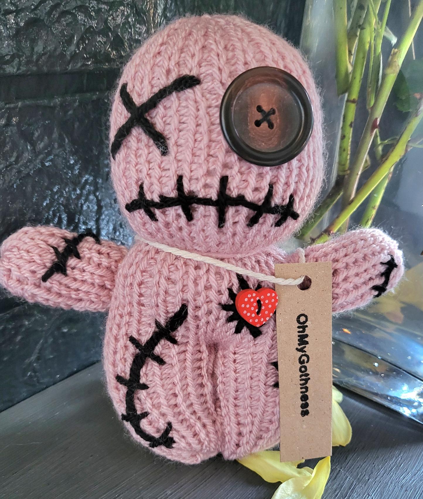 Handmade Gothic Voodoo Doll Knitted OOAK Cute Weird Fantasy Creepy Halloween Collectable Freaky Gift Spooky Decor Pink Black VO3