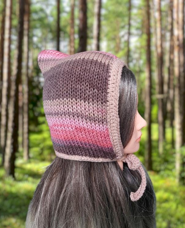 Pink Taupe Grey Mix Knitted Forest Bonnet Handmade Pixie Bow Tie Hat Adult Emo Goth Whimsy Elf Fairy Reenactment Winter Gift HT22