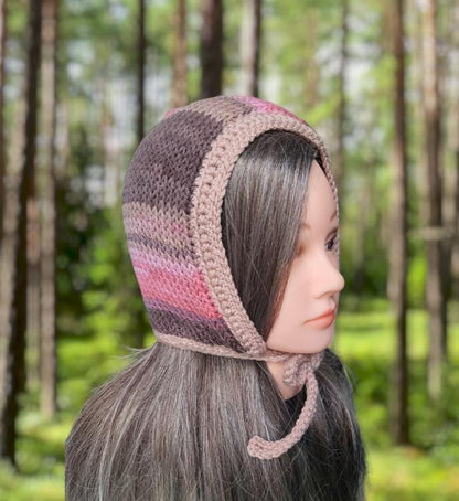 Pink Taupe Grey Mix Knitted Forest Bonnet Handmade Pixie Bow Tie Hat Adult Emo Goth Whimsy Elf Fairy Reenactment Winter Gift HT22