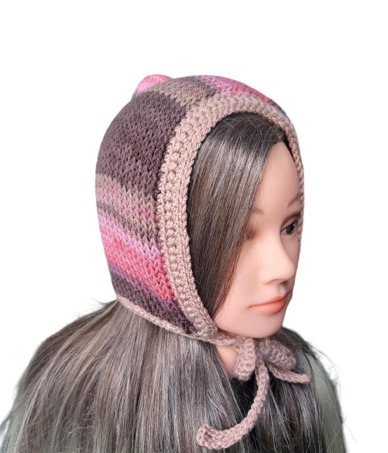 Pink Taupe Grey Mix Knitted Forest Bonnet Handmade Pixie Bow Tie Hat Adult Emo Goth Whimsy Elf Fairy Reenactment Winter Gift HT22