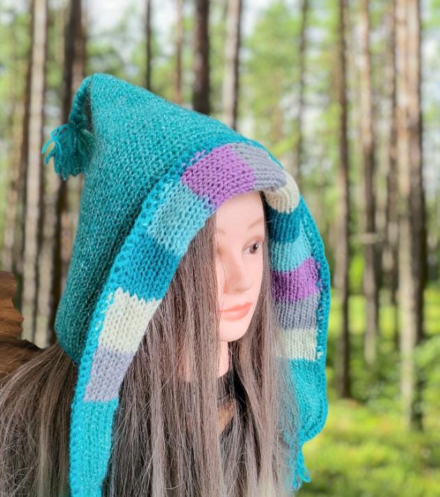 Knitted Forest Pixie Hat Bonnet Emo Goth Whimsy Turquoise Blue Cream Lilac OOAK Elf Fairy Winter Gift Woodland HT24