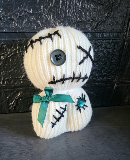 Handmade Voodoo Doll Knitted OOAK Cute Weird Gothic Fantasy Creepy Halloween Collectable Freaky Gift Spooky Decor Green Cream Black VO5