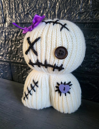 Handmade Voodoo Doll Knitted OOAK Cute Weird Gothic Fantasy Creepy Halloween Collectable Freaky Gift Spooky Decor Purple Cream Black VO4