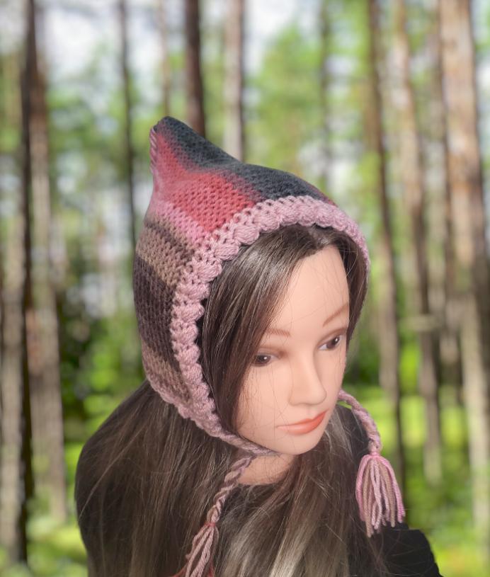 Knitted Woodland Forest Pixie Hat Child Bonnet Emo Goth Whimsy Autumn Pink Grey Taupe Brown Elf Fairy Girl 8 - 12 Year Old Winter Gift HT25