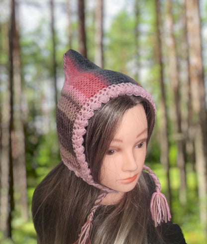 Knitted Woodland Forest Pixie Hat Child Bonnet Emo Goth Whimsy Autumn Pink Grey Taupe Brown Elf Fairy Girl 8 - 12 Year Old Winter Gift HT25