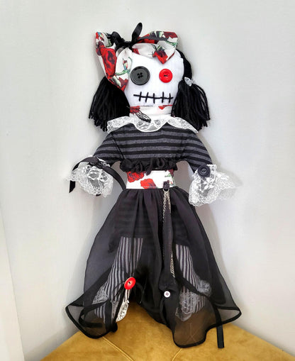 Handmade Gothic Art Doll OOAK 19 Inch Creepy Ragdoll Fantasy Weird Button Eyes Collectable Freaky Gift Spooky Decor Red Black White AD1