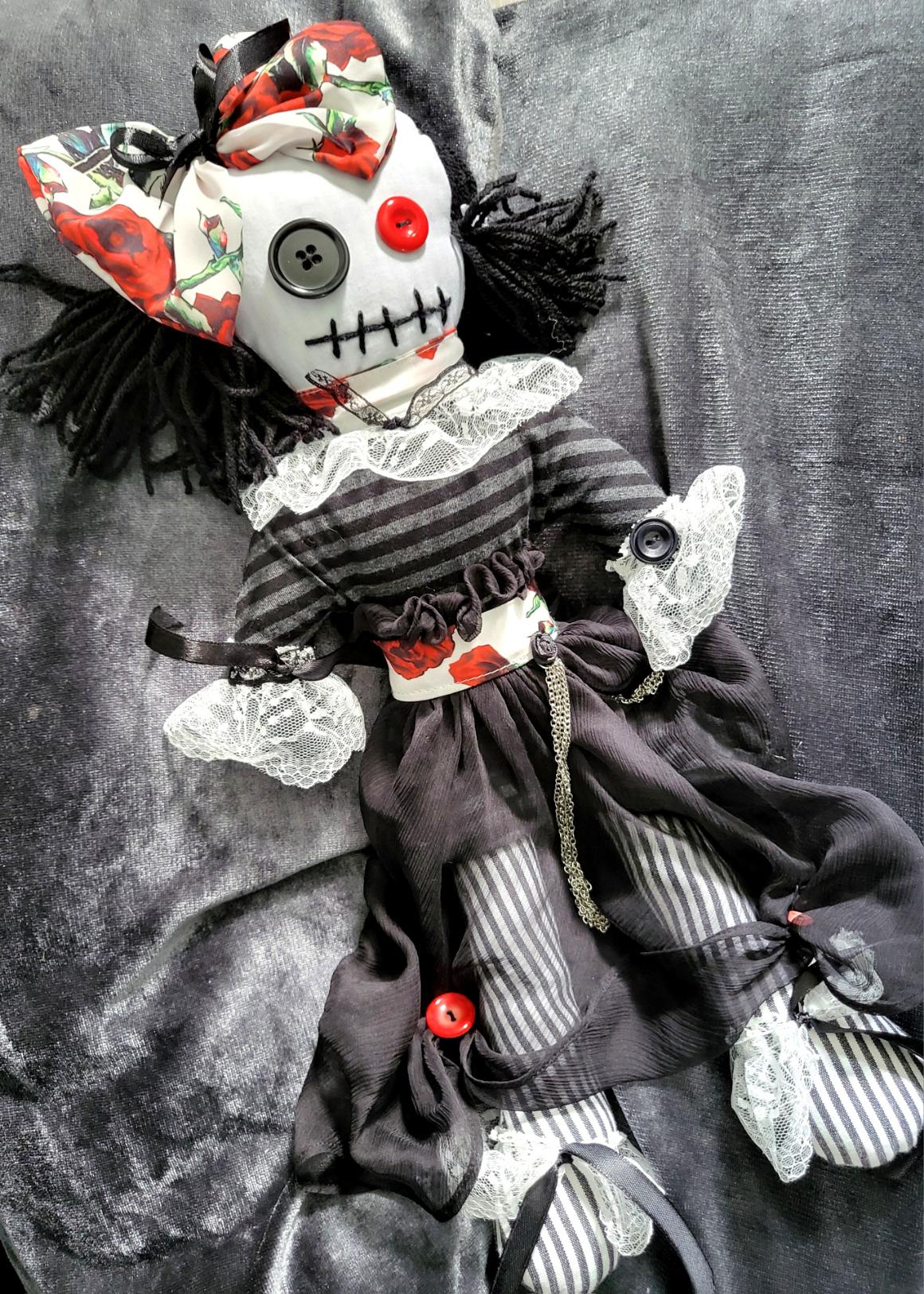 Handmade Gothic Art Doll OOAK 19 Inch Creepy Ragdoll Fantasy Weird Button Eyes Collectable Freaky Gift Spooky Decor Red Black White AD1
