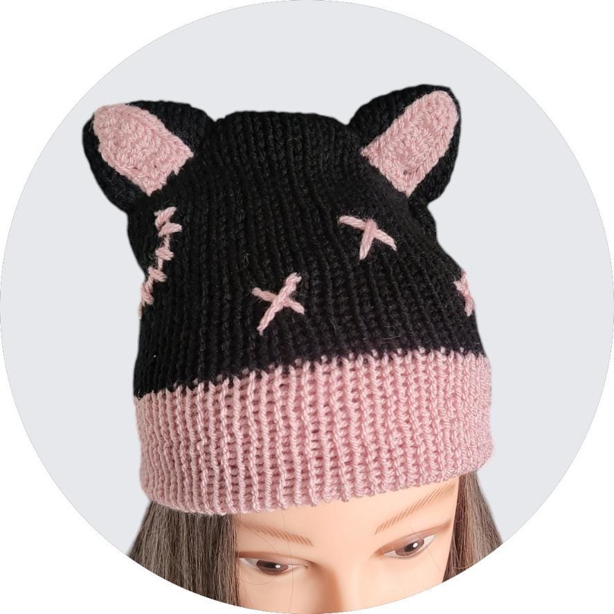 Knitted Cat Ears Beanie: Black & Pink Crochet Skull Design