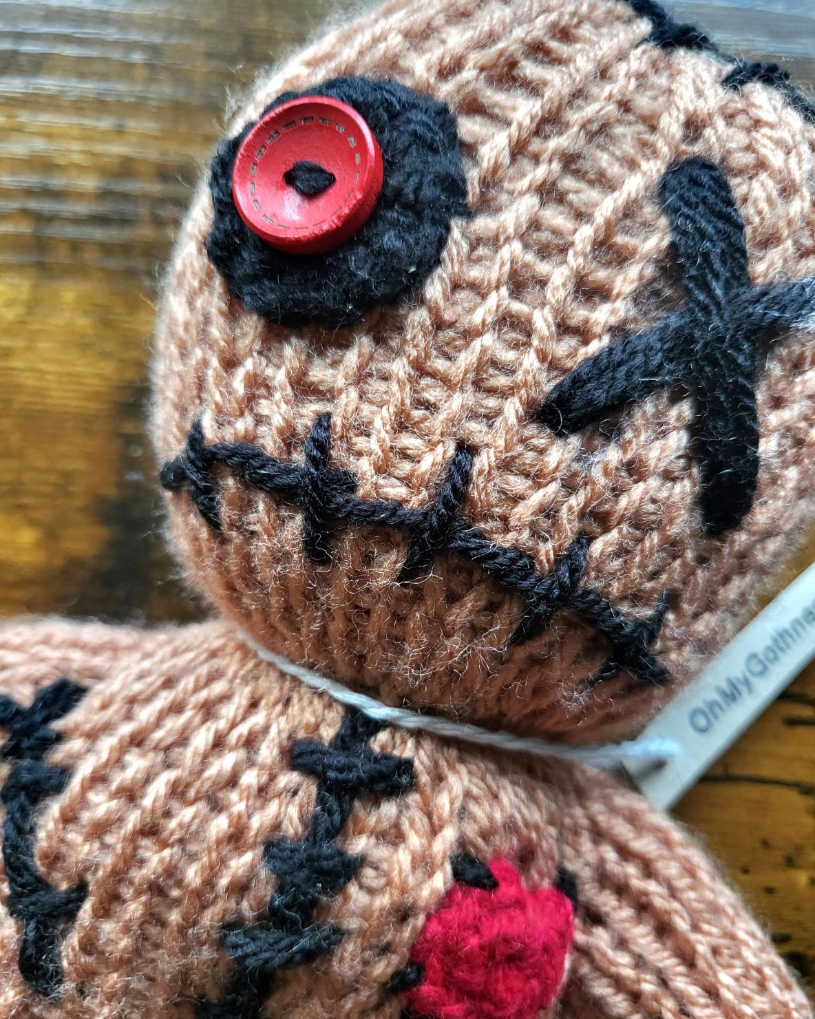 Handmade Gothic Voodoo Doll Knitted OOAK Cute Weird Fantasy Creepy Halloween Collectable Freaky Gift Spooky Decor Tan Black Red VO1