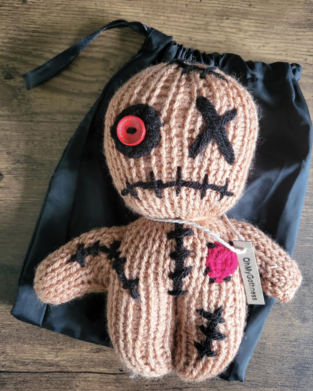 Handmade Gothic Voodoo Doll Knitted OOAK Cute Weird Fantasy Creepy Halloween Collectable Freaky Gift Spooky Decor Tan Black Red VO1