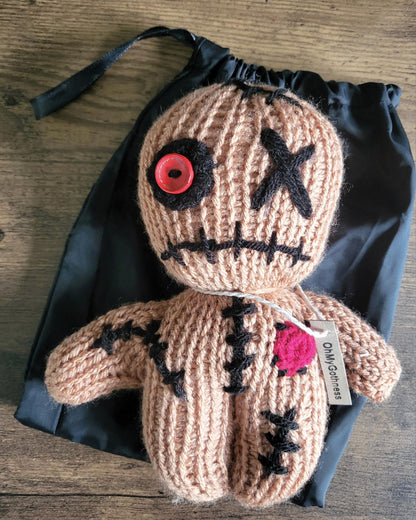 Handmade Gothic Voodoo Doll Knitted OOAK Cute Weird Fantasy Creepy Halloween Collectable Freaky Gift Spooky Decor Tan Black Red VO1