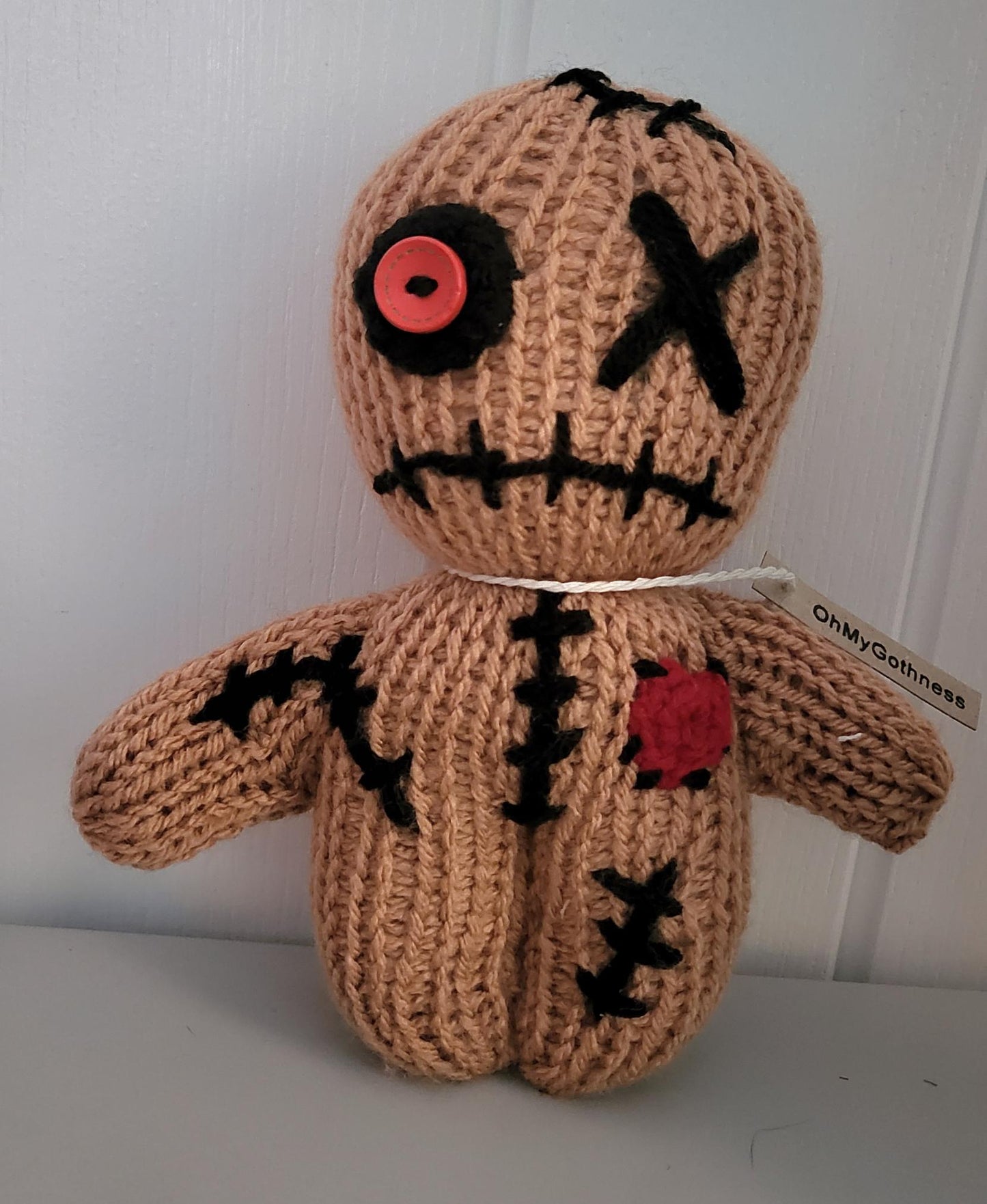 Handmade Gothic Voodoo Doll Knitted OOAK Cute Weird Fantasy Creepy Halloween Collectable Freaky Gift Spooky Decor Tan Black Red VO1