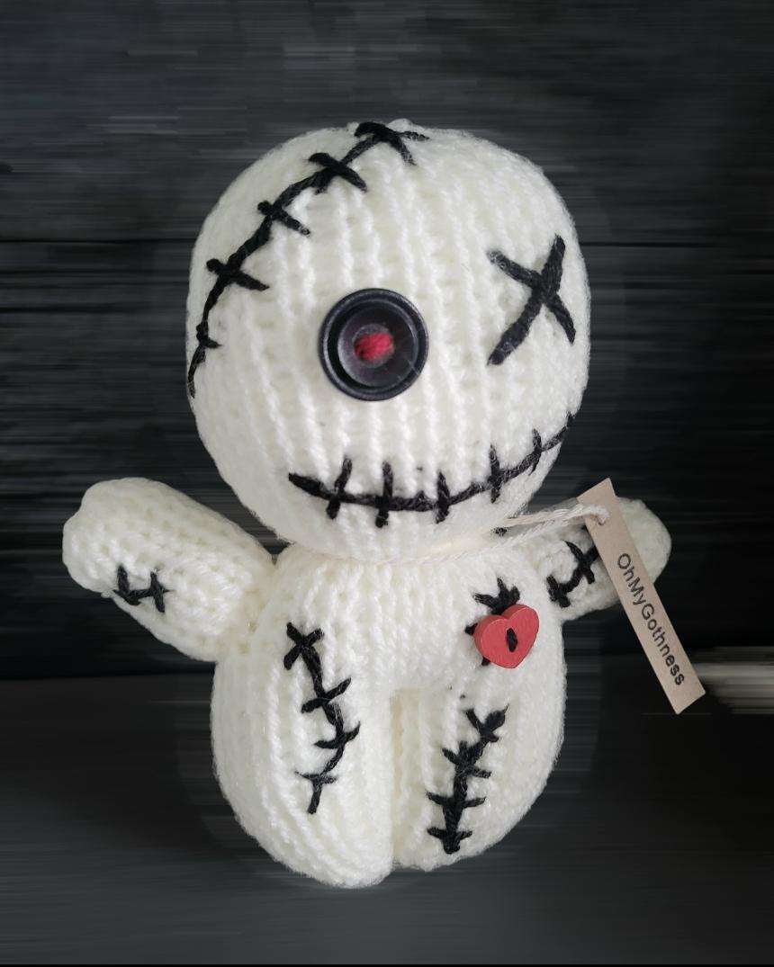 Handmade Gothic Voodoo Doll Knitted OOAK Cute Weird Fantasy Creepy Halloween Collectable Freaky Gift Spooky Decor Cream Black Red VO2