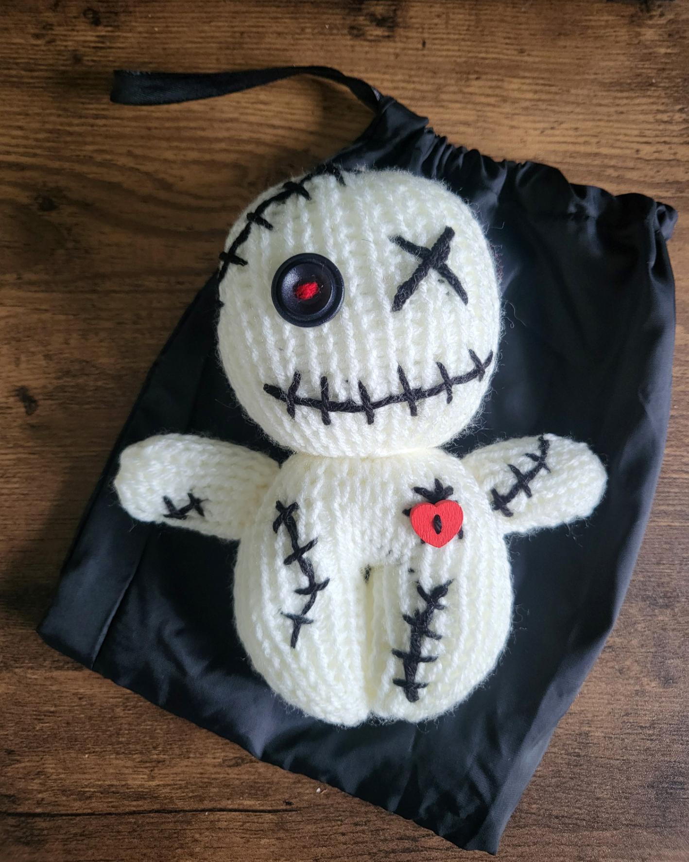 Handmade Gothic Voodoo Doll Knitted OOAK Cute Weird Fantasy Creepy Halloween Collectable Freaky Gift Spooky Decor Cream Black Red VO2