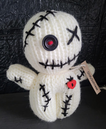 Handmade Gothic Voodoo Doll Knitted OOAK Cute Weird Fantasy Creepy Halloween Collectable Freaky Gift Spooky Decor Cream Black Red VO2