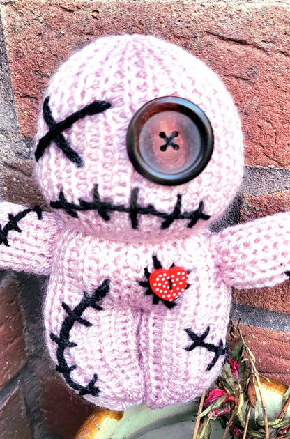 Handmade Gothic Voodoo Doll Knitted OOAK Cute Weird Fantasy Creepy Halloween Collectable Freaky Gift Spooky Decor Pink Black VO3