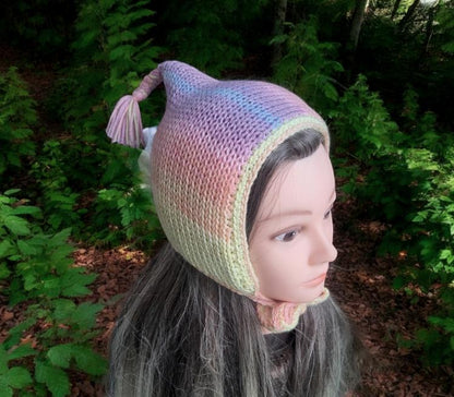 Knitted Woodland Forest Pixie Hat Child Bonnet Emo Goth Whimsy Pastel Rainbow Pink Blue Elf Fairy Girl 7 - 12 Year Old Winter Gift HT32