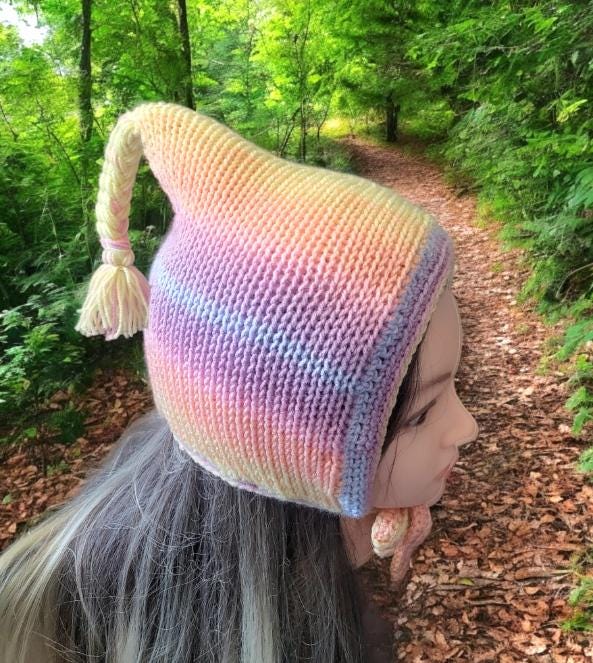 Knitted Forest Bonnet Handmade Pixie Bow Tie Hat Pastel Rainbow Pink Blue Green Adult Emo Goth Whimsy Elf Fairy Reenactment Winter Gift HT33