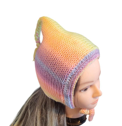 Knitted Forest Bonnet Handmade Pixie Bow Tie Hat Pastel Rainbow Pink Blue Green Adult Emo Goth Whimsy Elf Fairy Reenactment Winter Gift HT33