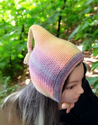 Knitted Forest Bonnet Handmade Pixie Bow Tie Hat Pastel Rainbow Pink Blue Green Adult Emo Goth Whimsy Elf Fairy Reenactment Winter Gift HT33