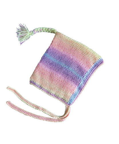 Knitted Forest Bonnet Handmade Pixie Bow Tie Hat Pastel Rainbow Pink Blue Green Adult Emo Goth Whimsy Elf Fairy Reenactment Winter Gift HT33