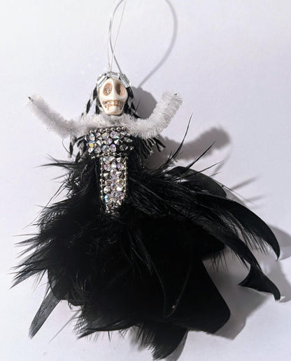 Handmade Creepy Goth Princess Skeleton Christmas decoration. Unique one off design. Skull diamantes black feathers Xmas keepsake gift