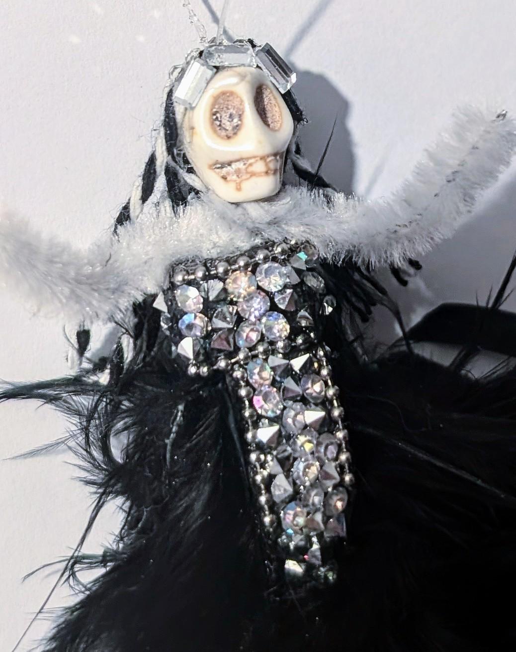 Handmade Creepy Goth Princess Skeleton Christmas decoration. Unique one off design. Skull diamantes black feathers Xmas keepsake gift