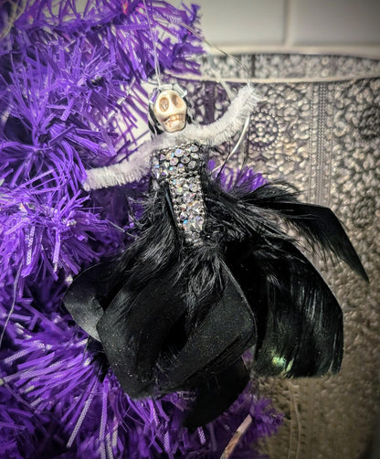 Handmade Creepy Goth Princess Skeleton Christmas decoration. Unique one off design. Skull diamantes black feathers Xmas keepsake gift