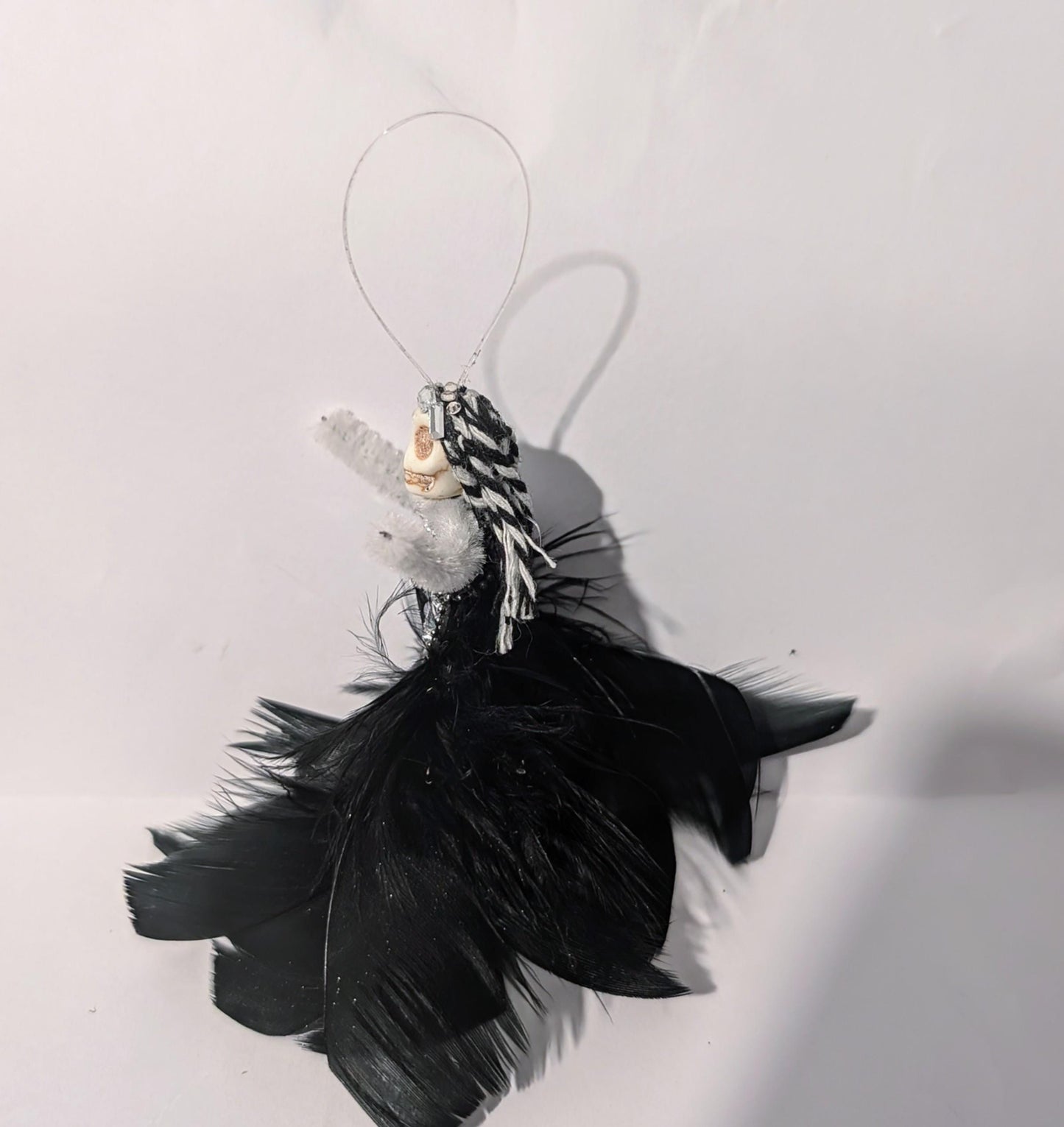 Handmade Creepy Goth Princess Skeleton Christmas decoration. Unique one off design. Skull diamantes black feathers Xmas keepsake gift