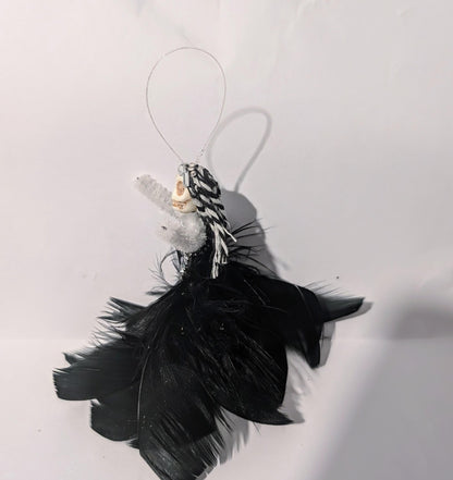 Handmade Creepy Goth Princess Skeleton Christmas decoration. Unique one off design. Skull diamantes black feathers Xmas keepsake gift
