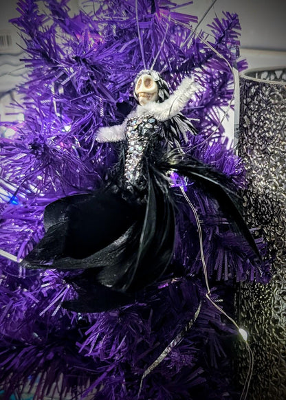 Handmade Creepy Goth Princess Skeleton Christmas decoration. Unique one off design. Skull diamantes black feathers Xmas keepsake gift