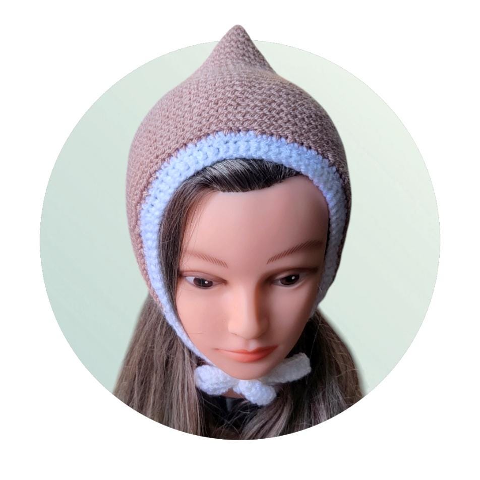 Knitted Woodland Forest Pixie Hat Child Bonnet Emo Goth Whimsy Taupe Beige White Elf Fairy Girl 7 - 12 Year Old Winter Gift HT34