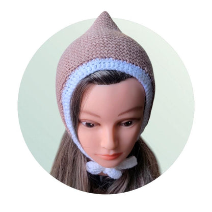 Knitted Woodland Forest Pixie Hat Child Bonnet Emo Goth Whimsy Taupe Beige White Elf Fairy Girl 7 - 12 Year Old Winter Gift HT34