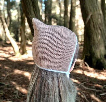 Knitted Woodland Forest Pixie Hat Child Bonnet Emo Goth Whimsy Taupe Beige White Elf Fairy Girl 7 - 12 Year Old Winter Gift HT34