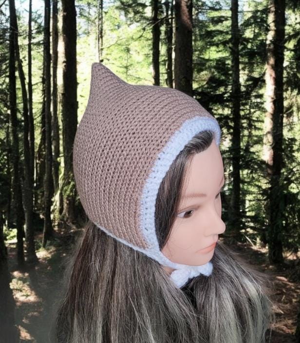 Knitted Woodland Forest Pixie Hat Child Bonnet Emo Goth Whimsy Taupe Beige White Elf Fairy Girl 7 - 12 Year Old Winter Gift HT34