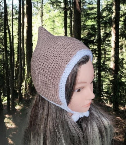 Knitted Woodland Forest Pixie Hat Child Bonnet Emo Goth Whimsy Taupe Beige White Elf Fairy Girl 7 - 12 Year Old Winter Gift HT34