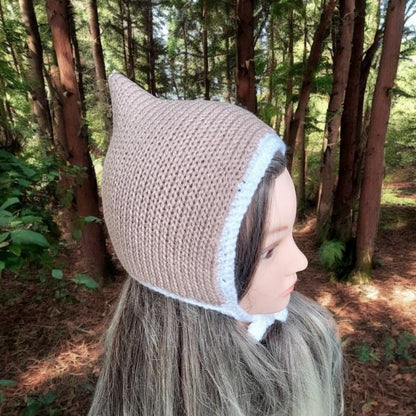 Knitted Woodland Forest Pixie Hat Child Bonnet Emo Goth Whimsy Taupe Beige White Elf Fairy Girl 7 - 12 Year Old Winter Gift HT34