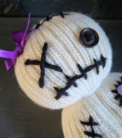 Handmade Voodoo Doll Knitted OOAK Cute Weird Gothic Fantasy Creepy Halloween Collectable Freaky Gift Spooky Decor Purple Cream Black VO4