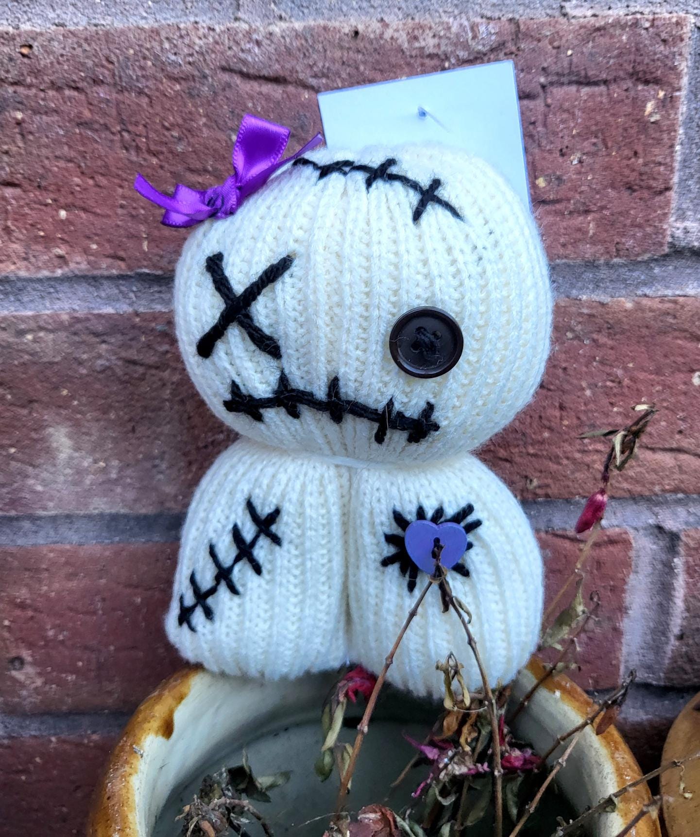 Handmade Voodoo Doll Knitted OOAK Cute Weird Gothic Fantasy Creepy Halloween Collectable Freaky Gift Spooky Decor Purple Cream Black VO4