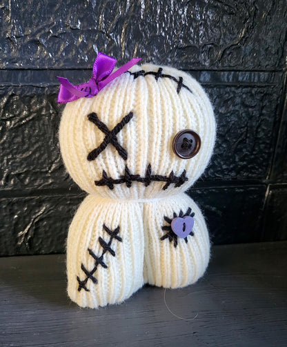 Handmade Voodoo Doll Knitted OOAK Cute Weird Gothic Fantasy Creepy Halloween Collectable Freaky Gift Spooky Decor Purple Cream Black VO4