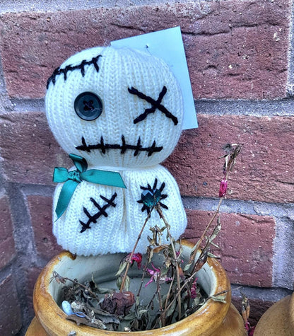 Handmade Voodoo Doll Knitted OOAK Cute Weird Gothic Fantasy Creepy Halloween Collectable Freaky Gift Spooky Decor Green Cream Black VO5
