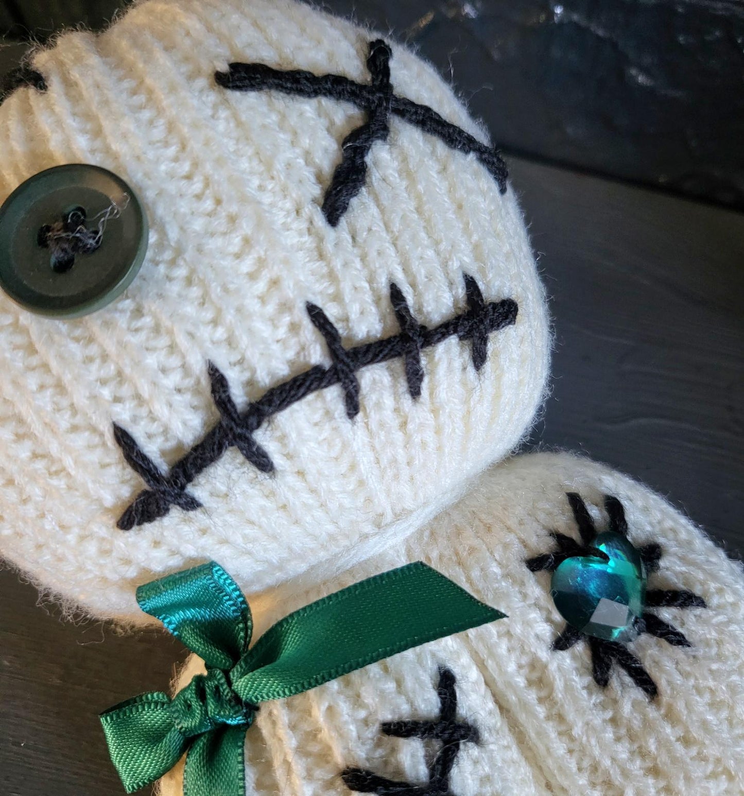Handmade Voodoo Doll Knitted OOAK Cute Weird Gothic Fantasy Creepy Halloween Collectable Freaky Gift Spooky Decor Green Cream Black VO5